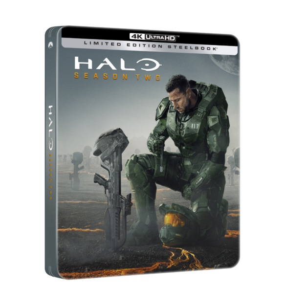 A 4K Ultra HD Steelbook of "Halo: Season Two" features a soldier in green armor kneeling with a weapon beside him against a dramatic background.