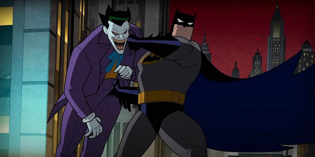 Batman and the joker engaged in a close combat struggle, set against a cityscape background in an animated style.