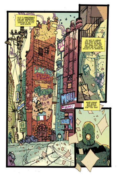Comic book page depicting an urban scene with tall, quirky buildings, vibrant signs, and scattered papers. Text boxes narrate a commentary on the setting. The mood is whimsical and chaotic.