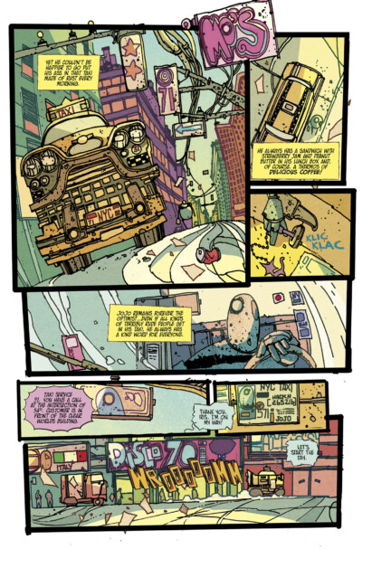 A comic book page showing a chaotic urban scene with a flying taxi, robots, and a crash. The dialogue narrates a futuristic setting, mentioning coffee and New York City. Bright, dynamic illustrations.