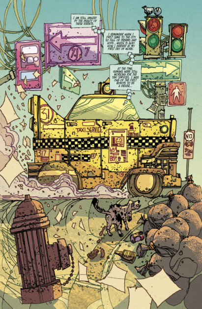 A surreal illustration of a taxi service building on wheels, traffic lights, a fire hydrant, cats, and scattered papers. The sky is green, and the scene is filled with text boxes and surreal elements.
