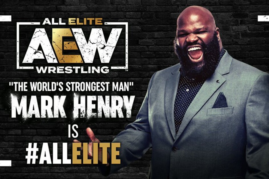 Mark Henry in a suit smiles broadly next to the All Elite Wrestling logo and text reading "The World's Strongest Man" Mark Henry is #ALLELITE.
