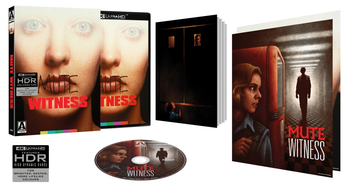4K Ultra HD set of "Mute Witness" featuring two cases with cover art, a disc, and additional artwork showing film scenes.