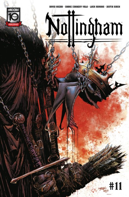 Cover of "Nottingham" comic book issue #11 featuring a dark, menacing figure holding a crown, with a peeling background texturing and some crimson highlights.