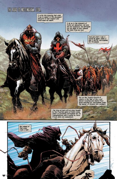 Knights on horseback, cloaked in armor, lead an army through a mountainous path to Nottingham in 1194; flags are held aloft. Below, a close-up of knights engaged in combat on horseback.