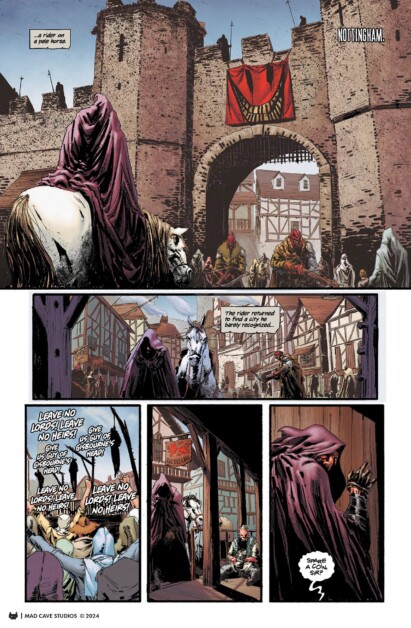 A medieval scene featuring hooded figures entering a fortified town under a red banner. One figure rides a white horse. Townspeople are gathered, and the text bubbles indicate a secretive mission.