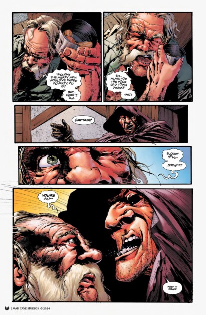 A comic book page shows an intense confrontation between two older men. The first man grabs the second man's face, who appears unwell. Another man calls out to the second man, addressed as "Captain.