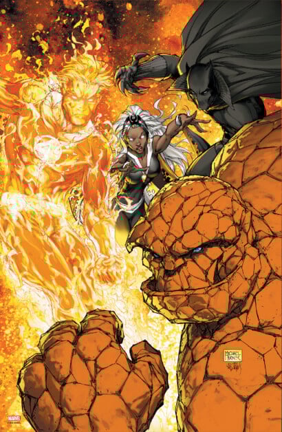 Comic book cover featuring four superheroes: a fiery figure, a woman with white hair, a cloaked figure, and a rocky, orange figure in the foreground.