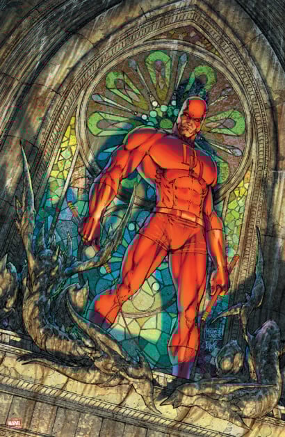 Illustration of a costumed superhero in a red suit standing on a ledge inside a Gothic building with a large, colorful stained glass window in the background.