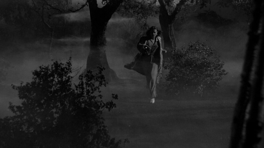 A man in dark clothing runs through a foggy, wooded area at night, carrying a briefcase.