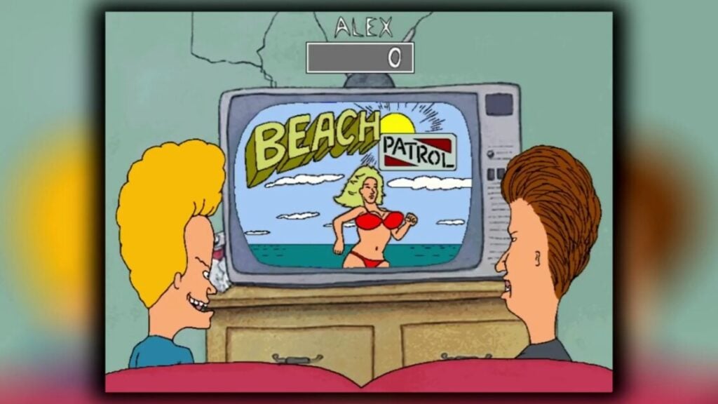 Two animated characters with distinct hairstyles are watching a TV show called "Beach Patrol," featuring a woman in a red bikini running on the beach. The name "Alex" and a score of 0 appear on the screen.