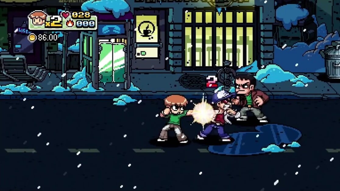 Screenshot from a pixel art game shows characters fighting in a snowy street. One character punches another, while a third stands nearby. Buildings and a storefront are visible in the background.