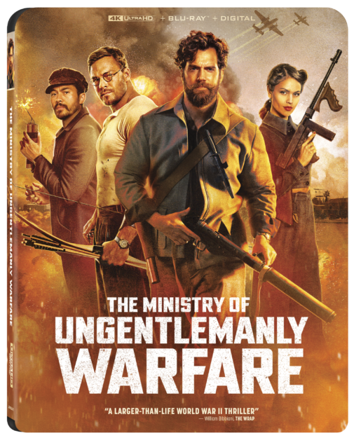 Cover image of "The Ministry of Ungentlemanly Warfare," showing four characters holding weapons, with a World War II backdrop including aircraft and explosions. Text: "A larger-than-life World War II thriller.