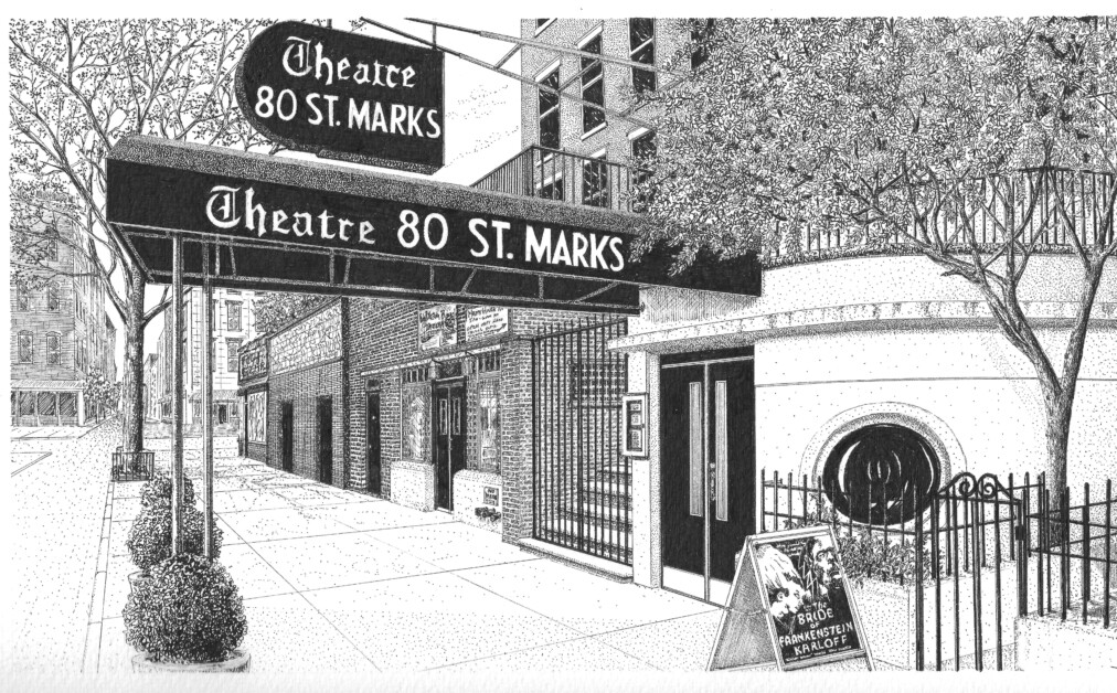 Monochrome drawing of Theatre 80 St. Marks with its awning and surrounding buildings and trees visible. A poster stand is placed near the entrance.