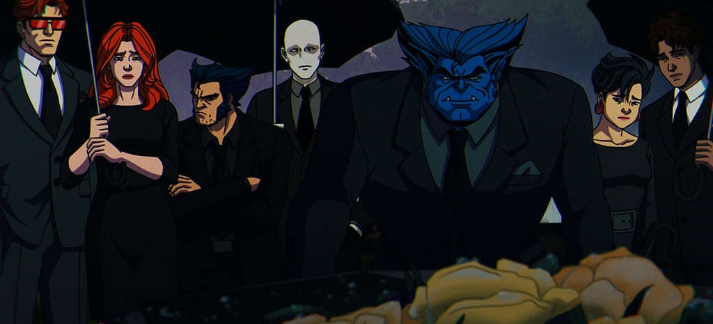 Animated image of a diverse group of somber superheroes dressed in black attending a funeral, with a blue-skinned character in the foreground.