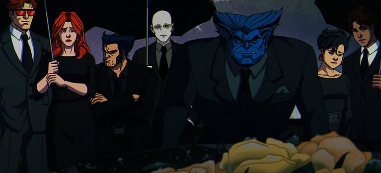 Animated image of a diverse group of somber superheroes dressed in black attending a funeral, with a blue-skinned character in the foreground.