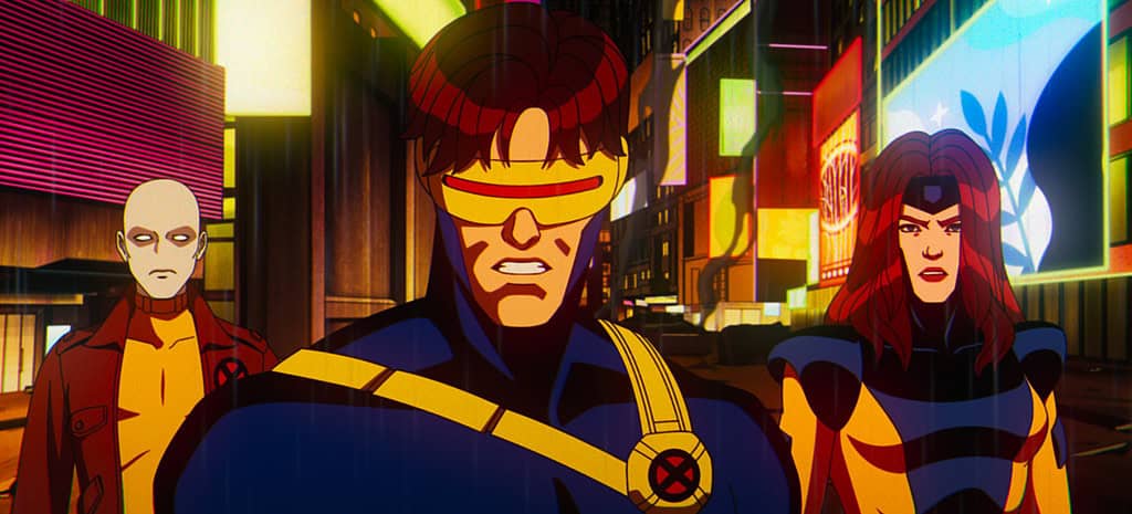 Animated scene featuring three superheroes, including one with a visor and yellow costume, standing in a neon-lit cityscape.