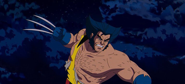 Animated character with metal claws extending from his hands, wearing a yellow and blue outfit, appears angry against a starry night sky background.