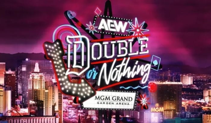Promotional poster for AEW's Double or Nothing event at MGM Grand Garden Arena, featuring neon-style graphics and a view of Las Vegas' skyline in the background.