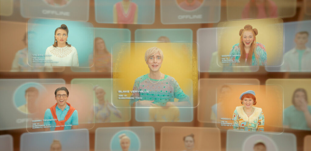 A central person in a colorful sweater is surrounded by five smaller screens showing other individuals smiling, with offline icons in the background. Each screen displays names and roles.