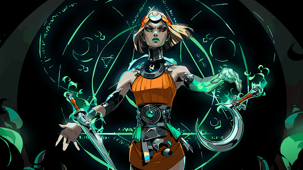 Illustration of a cyborg woman with mechanical arms, wearing an orange outfit, surrounded by glowing green mystical symbols.
