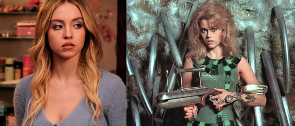 Side-by-side images of two women: on the left, a blonde woman in a casual blue top looks pensive; on the right, another blonde in a green outfit holds futuristic weapons, standing against a metallic background.