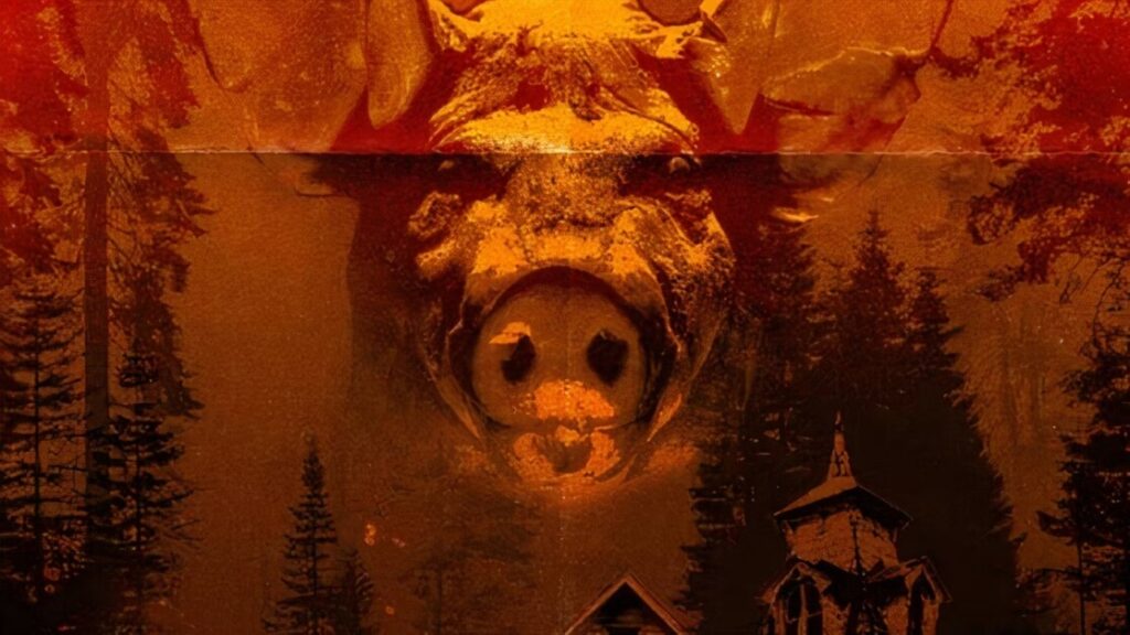 An ominous wild boar head is superimposed over a dark forest with a small, eerie church, creating a haunting atmosphere.