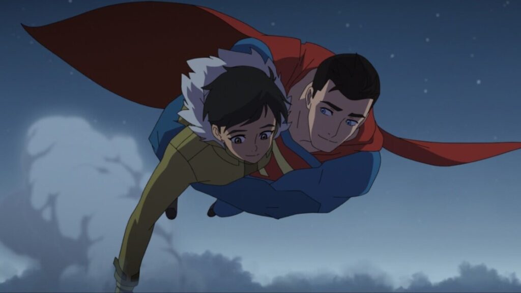 An animated figure in a red cape flies through the sky, carrying another person in a yellow jacket. The background shows clouds and a blue sky.
