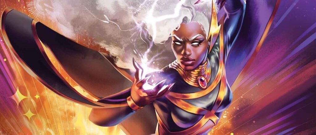 A superhero with white hair and glowing eyes is harnessing lightning, dressed in a black and gold costume, with a stormy background.