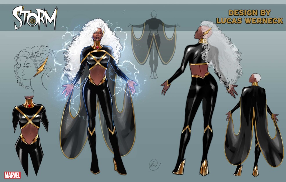 Concept art of a character design by Lucas Werneck for Storm, a Marvel character, featuring a sleek black and gold outfit, white flowing hair, and electricity emanating from her hands.