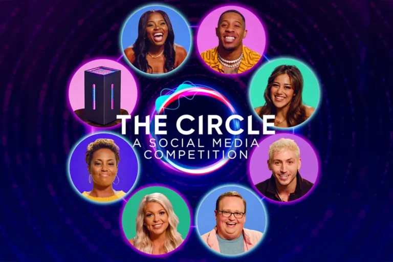 Promotional graphic for "the circle," featuring headshots of diverse contestants arranged around the show's logo against a purple background.