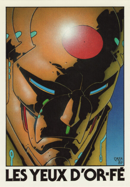An illustration of a futuristic, robotic face with a red circular dot on the forehead and blue glowing eyes. The image is framed with text at the bottom reading "LES YEUX D'OR-FÉ".