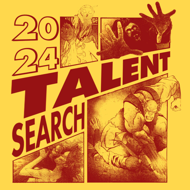 Yellow and red poster with "2024 Talent Search" text and several comic-style illustrations of characters in dynamic poses.