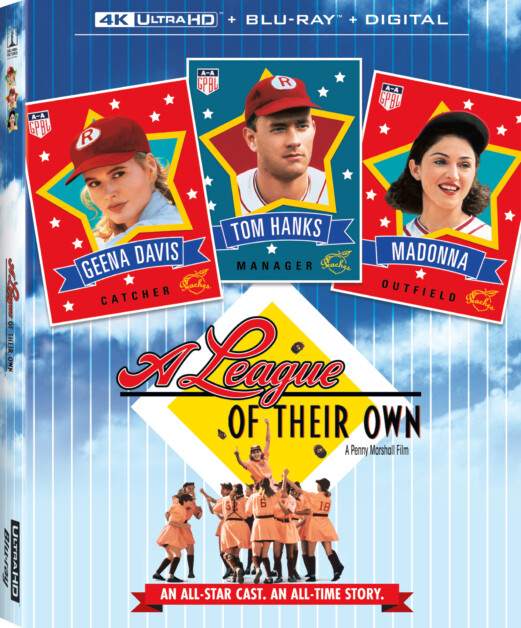 Blu-ray cover of the movie "A League of Their Own" featuring images of Geena Davis, Tom Hanks, and Madonna, with a group of female baseball players below. Text reads "An All-Star Cast. An All-Time Story.