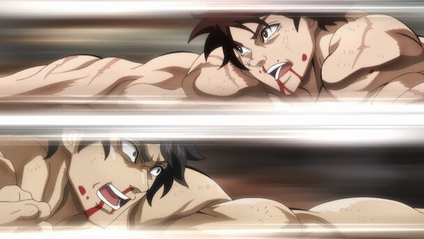 Two animated male characters engage in an intense fistfight, both appearing injured with blood on their faces and expressions of determination. Motion blur lines emphasize the speed and impact of their actions.