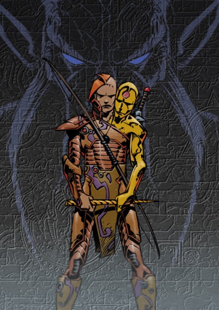 A warrior in ornate armor stands with a bow and arrow, a gloved hand on his shoulder, against a gray and blue background featuring a menacing face.