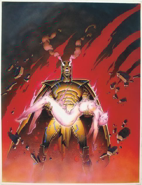 A futuristic figure wearing armor cradles an unconscious person surrounded by a vivid, fiery background with debris floating around.