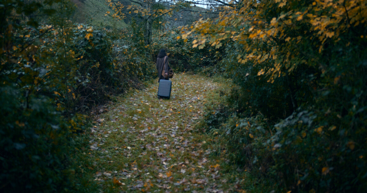 A person with a suitcase walks down a leaf-strewn, narrow path surrounded by dense foliage and trees with autumn leaves.