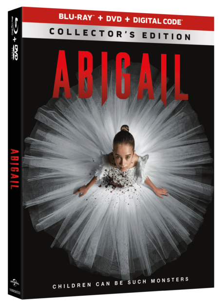 Collector's edition Blu-ray/DVD/Digital Code package for "Abigail" featuring a girl in a white tutu with red markings, set against a dark background. The tagline at the bottom reads, "Children Can Be Such Monsters.