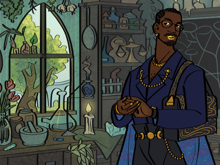 A person in a blue robe stands in a room filled with various magical items, including a cauldron, vials, and potions. A window with plants and a distant view appears in the background.