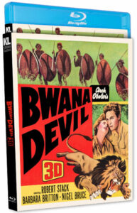 Blu-ray cover of "Bwana Devil" in 3D featuring images of shields, a man and woman, a lion, and the main actors listed as Robert Stack, Barbara Britton, and Nigel Bruce.