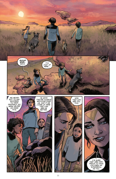 A comic page showing four people, a dog, and a goat walking in a grassy field at sunset. They discuss prepping in case of future troubles. Two close-up panels show a woman reassuring two children.