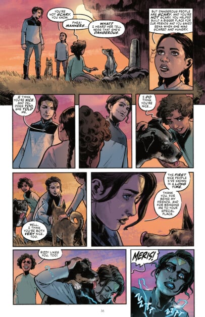 Two characters conversing at sunset with a dog. They discuss matters involving fear, control, and dangerous people. The conversation leads to a display of magical abilities by one of the characters.