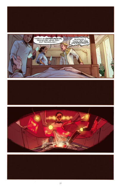 Three-panel comic page: Top panel shows doctors examining a patient's foot, middle panel shows intense reaction with red light, bottom panel depicts chaotic scene with red lighting and machinery.