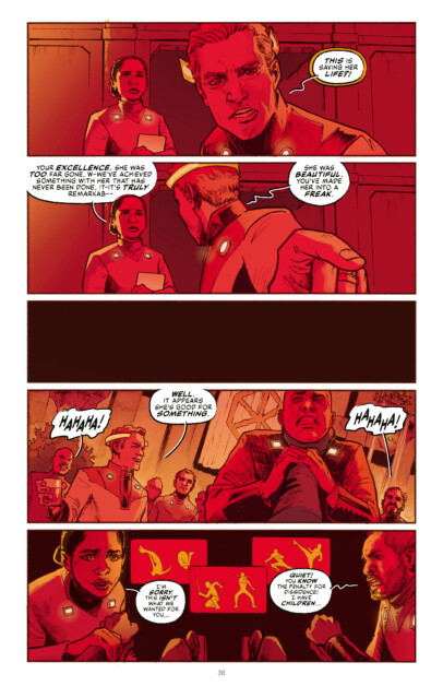 A heated conversation between characters in a red-toned comic panel. The top panel features a man shouting. Middle panels show dialogue about a masked beauty. The bottom panel shows guards and a seated man.