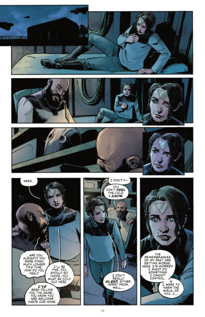 A comic page depicting a tense conversation between a seated person and a bearded man in a room. Panels show the progression of their interaction, with expressions of concern and contemplation.