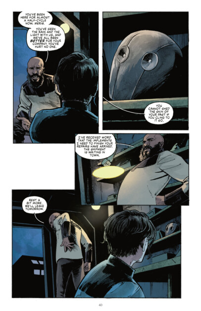 A comic book page with four panels showing two people having a conversation in a dimly lit room. One person wears a mask shaped like an owl's head. Text bubbles contain their dialogue.