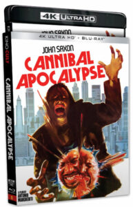 Cover image of the 4K Ultra HD and Blu-ray release of the film "Cannibal Apocalypse," featuring a person with outstretched arms and two heads merging in front of a cityscape.