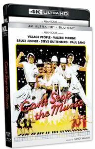 4K Ultra HD and Blu-ray combo pack of "Can't Stop the Music" featuring Village People, Valerie Perrine, Bruce Jenner, Steve Guttenberg, and Paul Sand. White-clad characters on the cover.