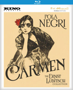 Blu-ray cover for "Carmen" featuring Pola Negri, with text indicating it is part of the Ernst Lubitsch Collection from Kino Classics and the F.W. Murnau Stiftung. The art shows a pensive woman with a red flower.